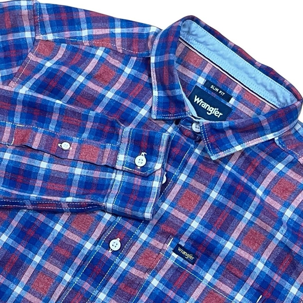 Wrangler Retro Premium Flannel Shirt Mens M Slim Blue Plaid Western Button Up